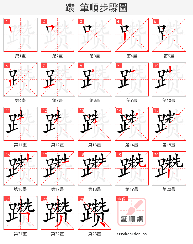 躜 的笔顺分步演示（一笔一画写字）