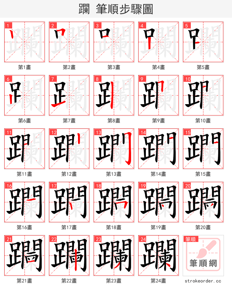 躝 的笔顺分步演示（一笔一画写字）