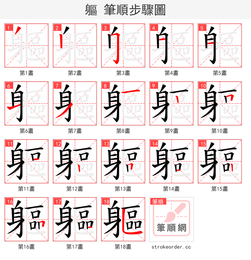 軀 的笔顺分步演示（一笔一画写字）