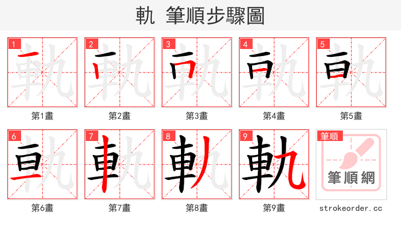 軌 的笔顺分步演示（一笔一画写字）