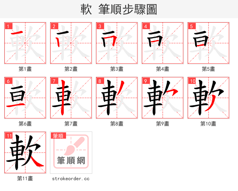 軟 的笔顺分步演示（一笔一画写字）