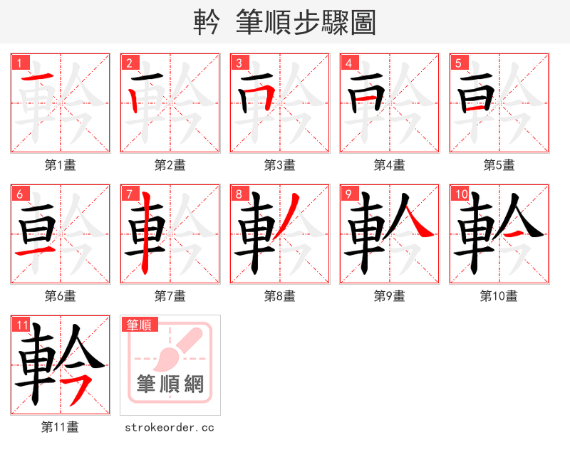 軡 的笔顺分步演示（一笔一画写字）