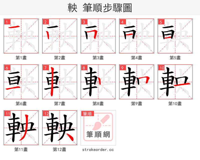 軮 的笔顺分步演示（一笔一画写字）