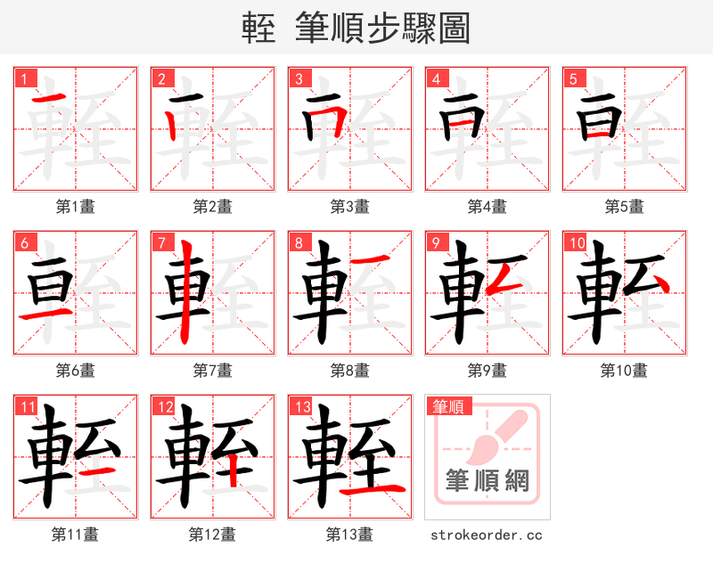 輊 的笔顺分步演示（一笔一画写字）