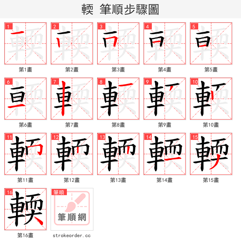 輭 的笔顺分步演示（一笔一画写字）