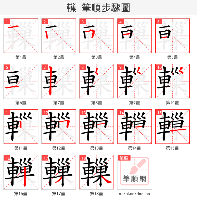 轈 的笔顺分步演示（一笔一画写字）