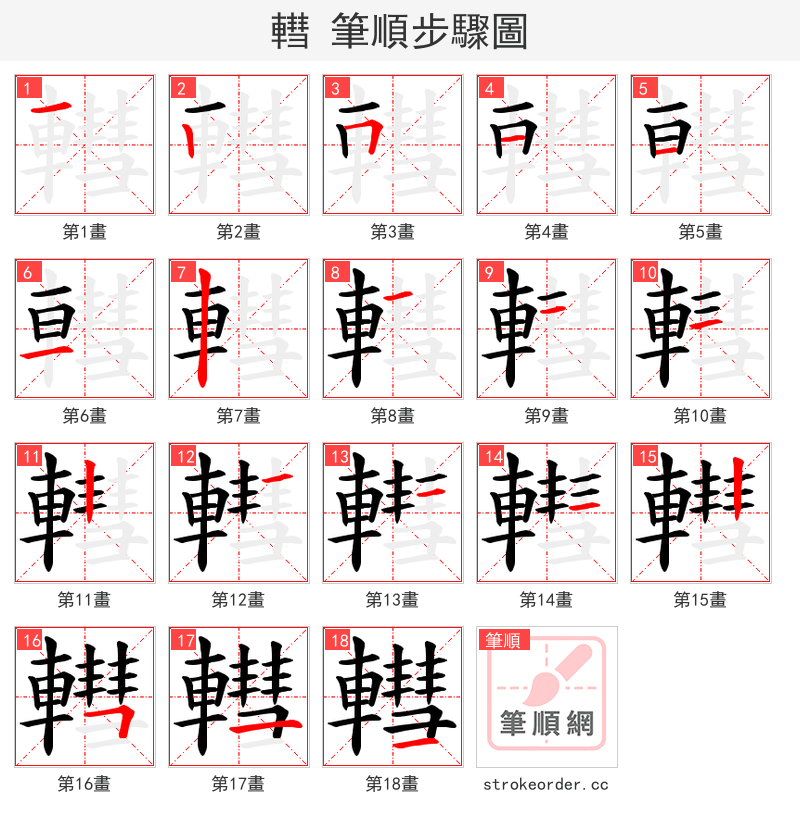 轊 的笔顺分步演示（一笔一画写字）