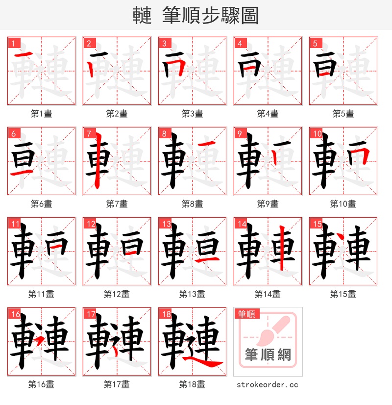 轋 的笔顺分步演示（一笔一画写字）