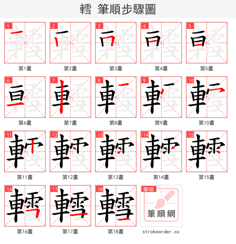 轌 的笔顺分步演示（一笔一画写字）