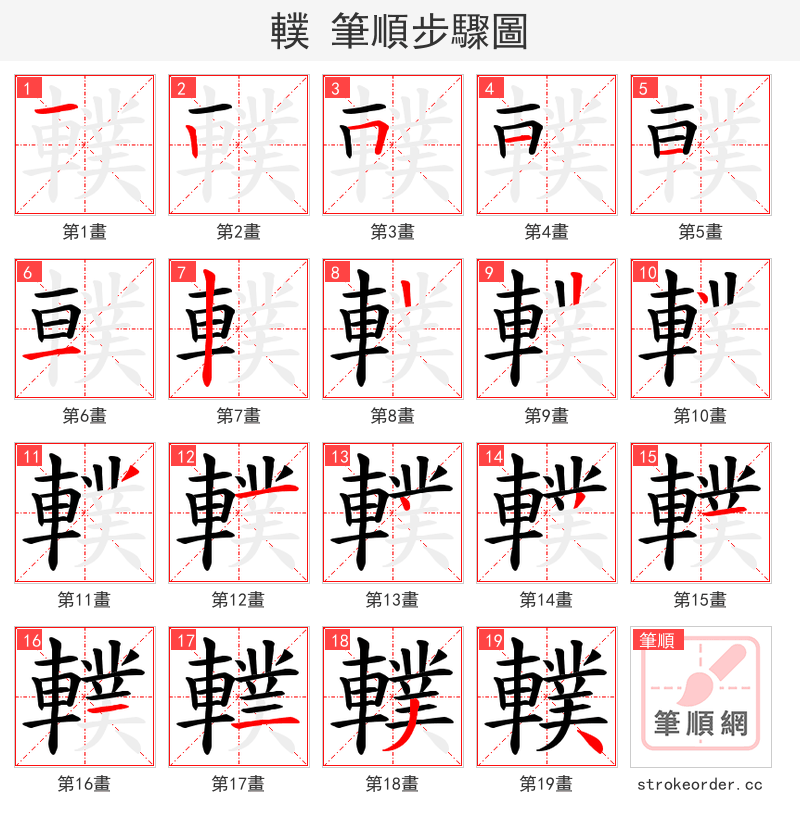 轐 的笔顺分步演示（一笔一画写字）