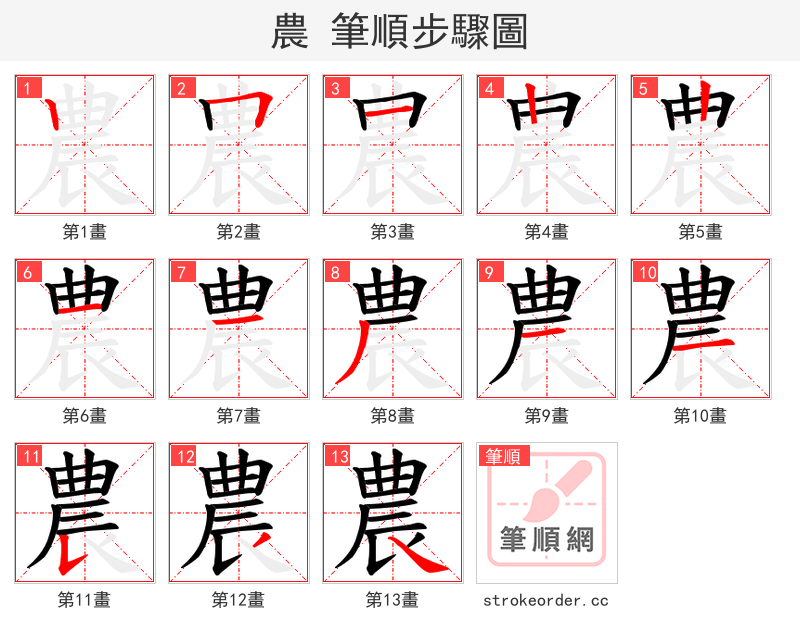 農 的笔顺分步演示（一笔一画写字）
