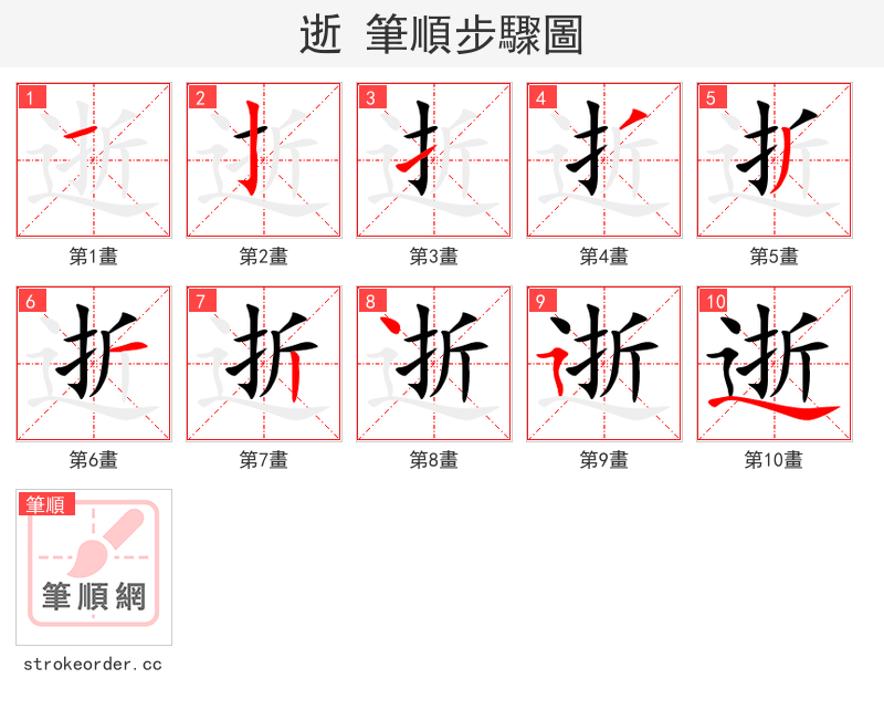 stroke order steps of 逝