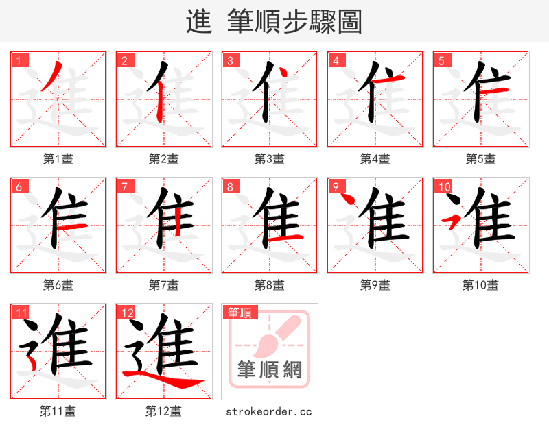 進 的笔顺分步演示（一笔一画写字）