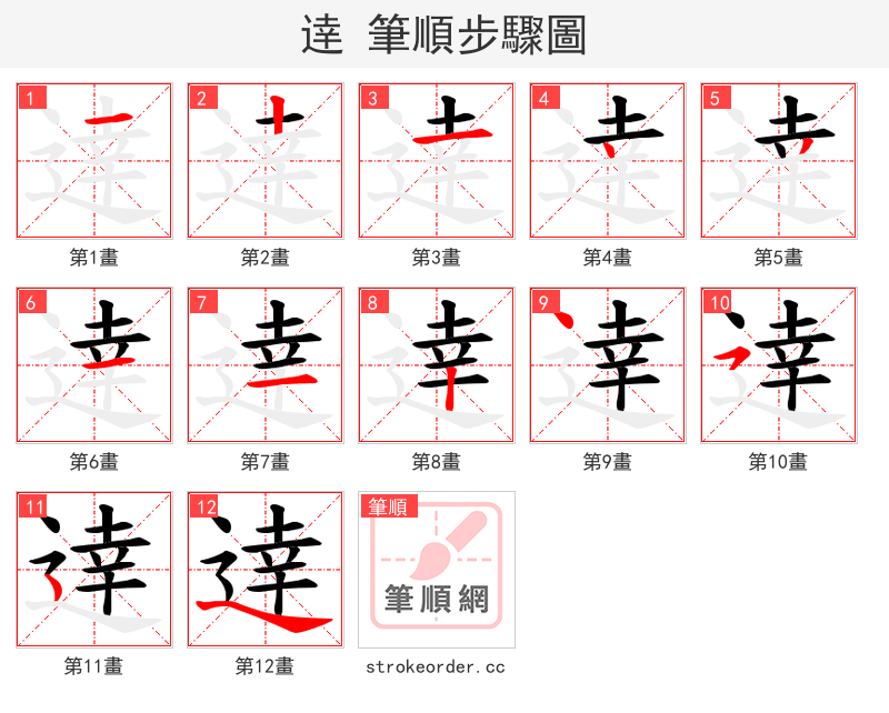 逹 的笔顺分步演示（一笔一画写字）