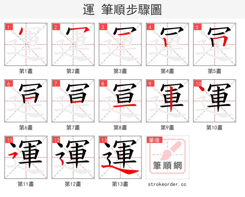 運 的笔顺分步演示（一笔一画写字）