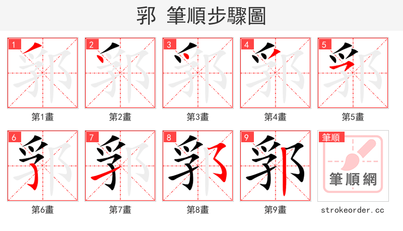 郛 的笔顺分步演示（一笔一画写字）
