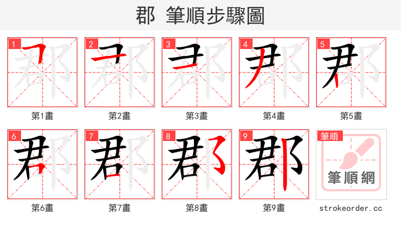 郡 的笔顺分步演示（一笔一画写字）