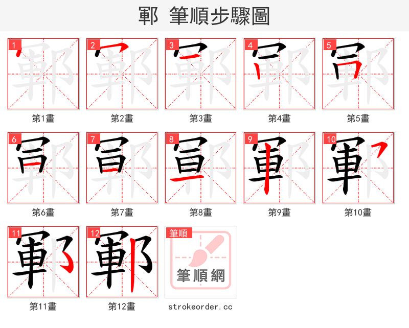鄆 的笔顺分步演示（一笔一画写字）