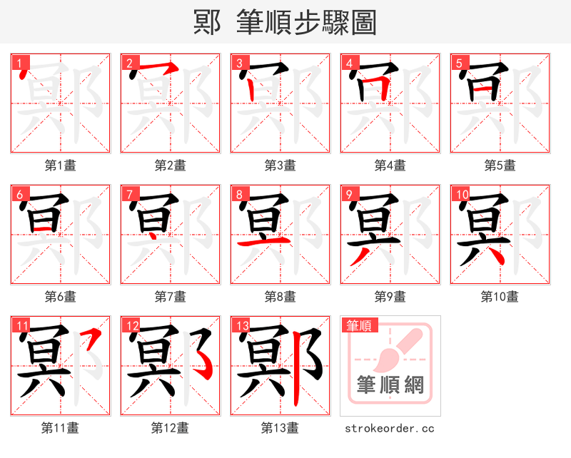 鄍 的笔顺分步演示（一笔一画写字）