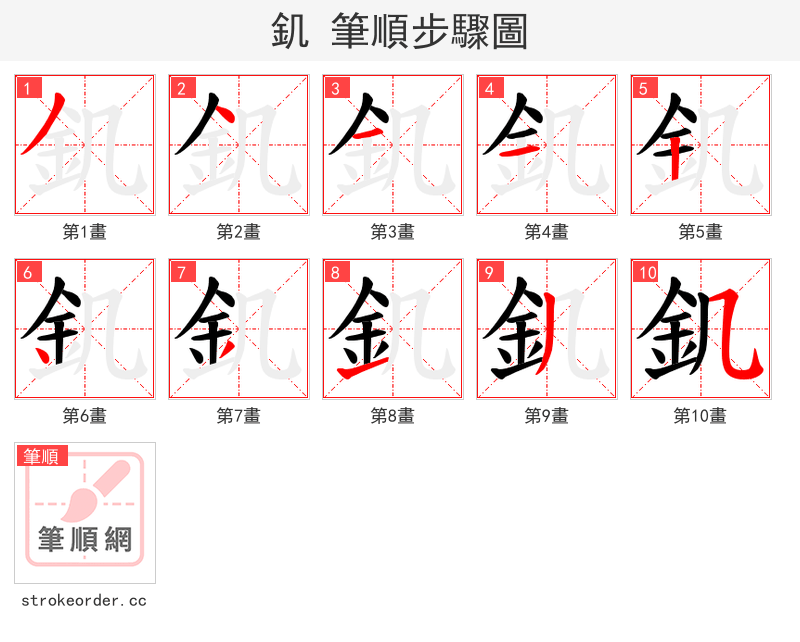 釠 的笔顺分步演示（一笔一画写字）