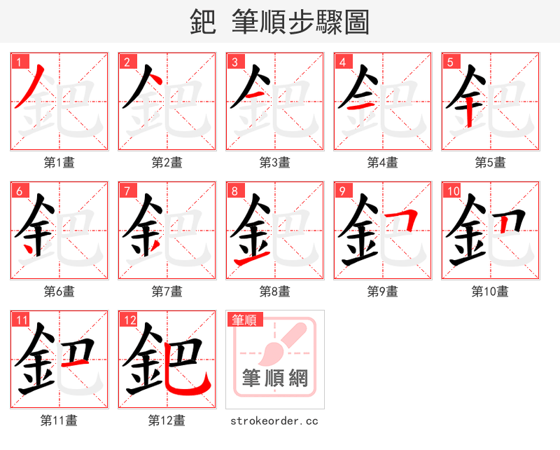 鈀 的笔顺分步演示（一笔一画写字）