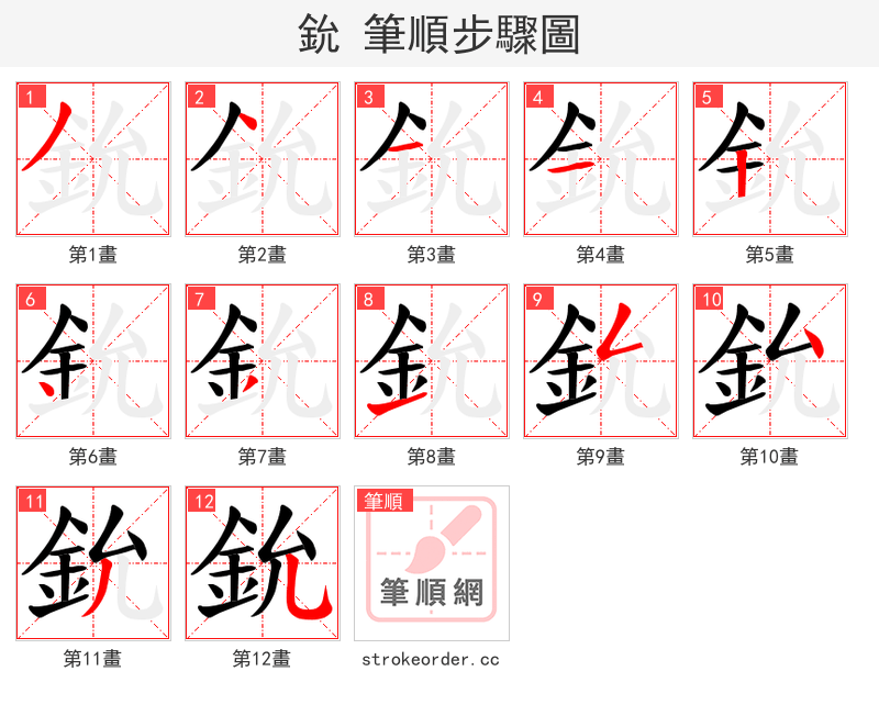 鈗 的笔顺分步演示（一笔一画写字）