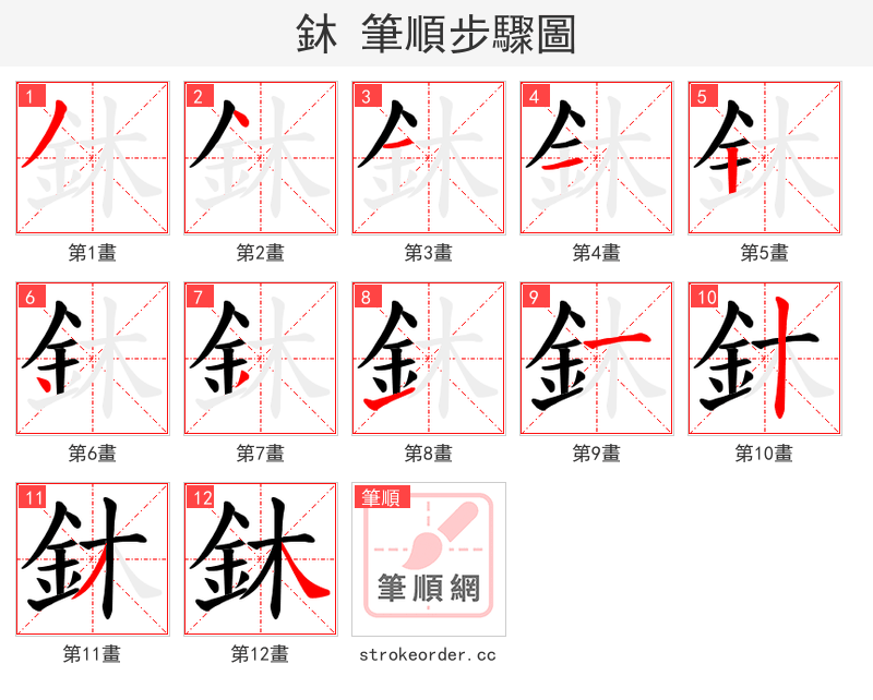 鈢 的笔顺分步演示（一笔一画写字）