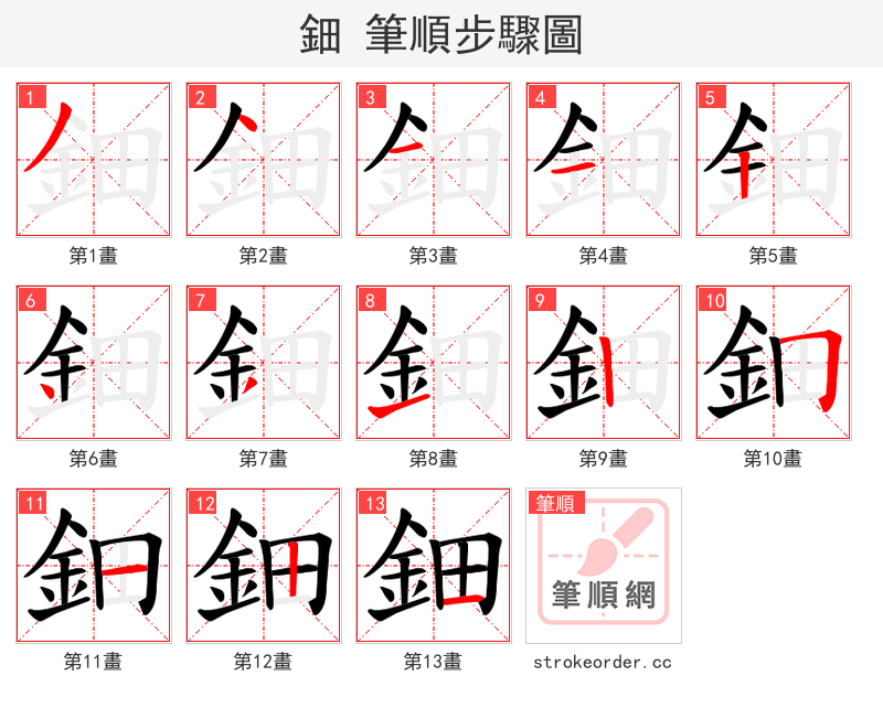 鈿 的笔顺分步演示（一笔一画写字）