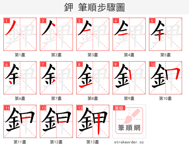 鉀 的笔顺分步演示（一笔一画写字）