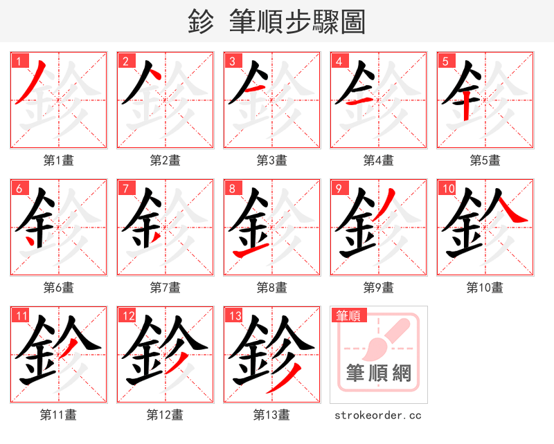 鉁 的笔顺分步演示（一笔一画写字）