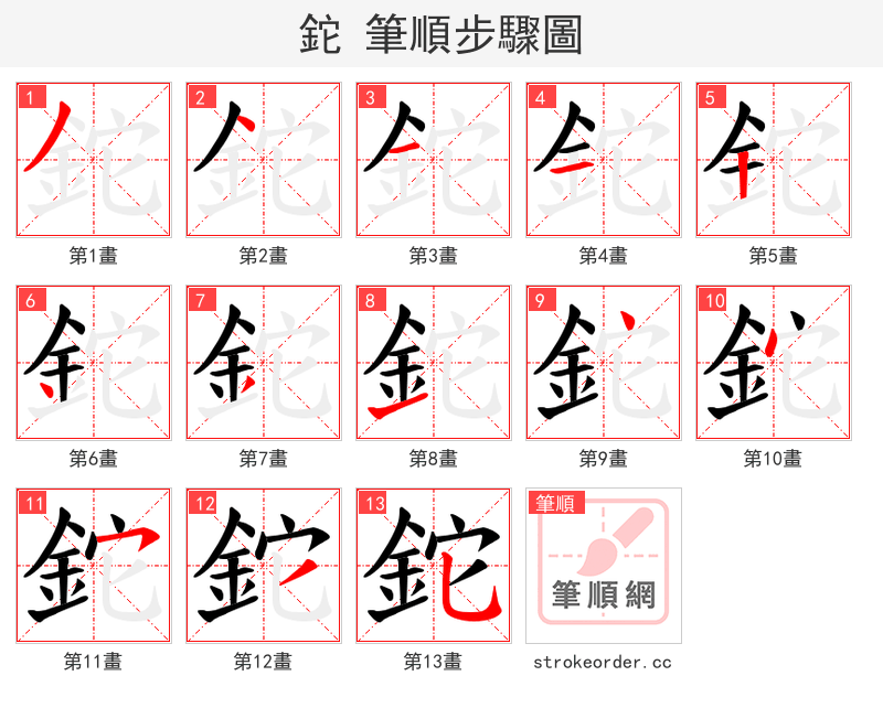 鉈 的笔顺分步演示（一笔一画写字）
