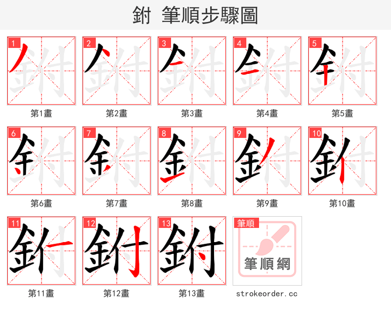 鉜 的笔顺分步演示（一笔一画写字）