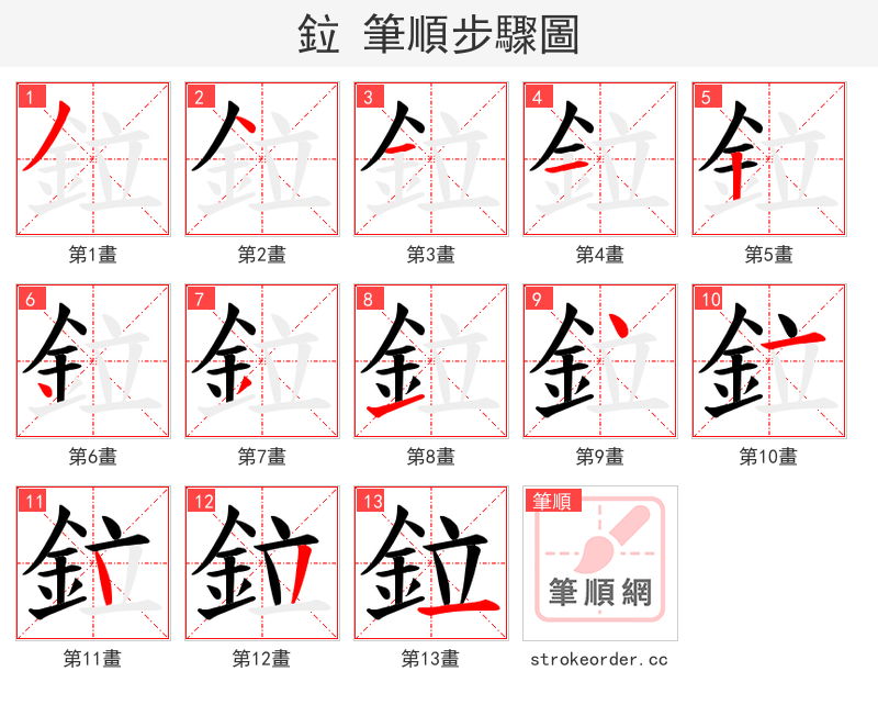 鉝 的笔顺分步演示（一笔一画写字）