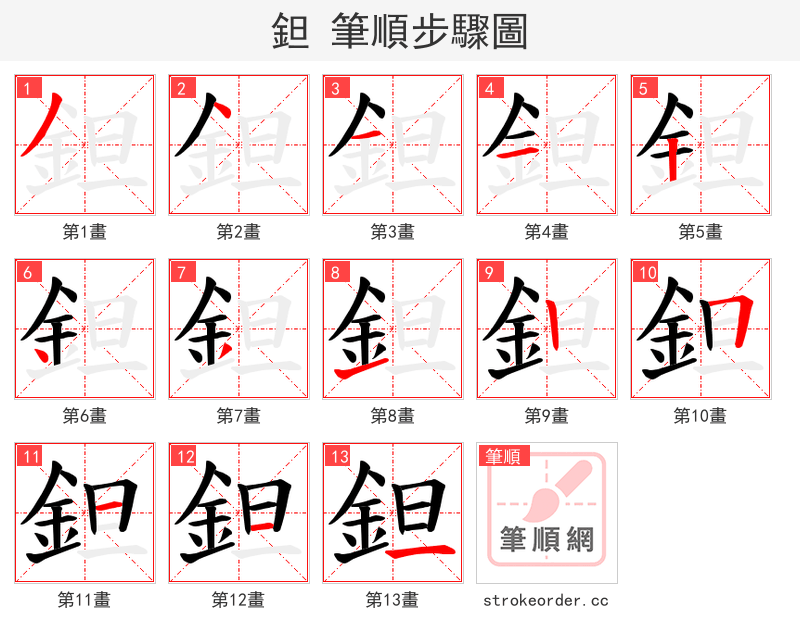 鉭 的笔顺分步演示（一笔一画写字）