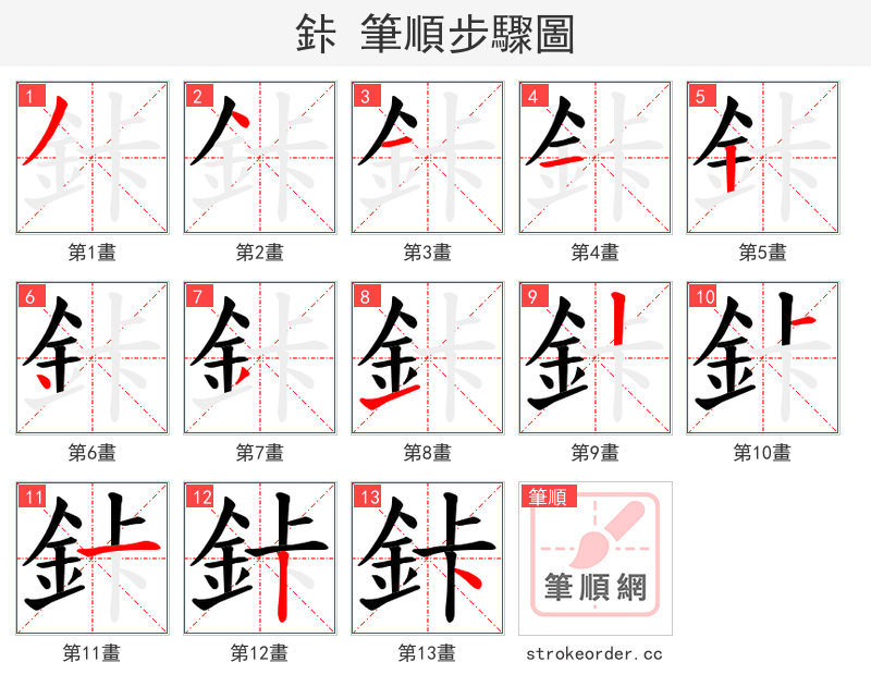 鉲 的笔顺分步演示（一笔一画写字）