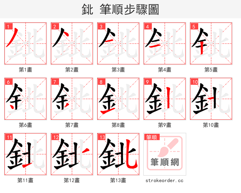 鉳 的笔顺分步演示（一笔一画写字）