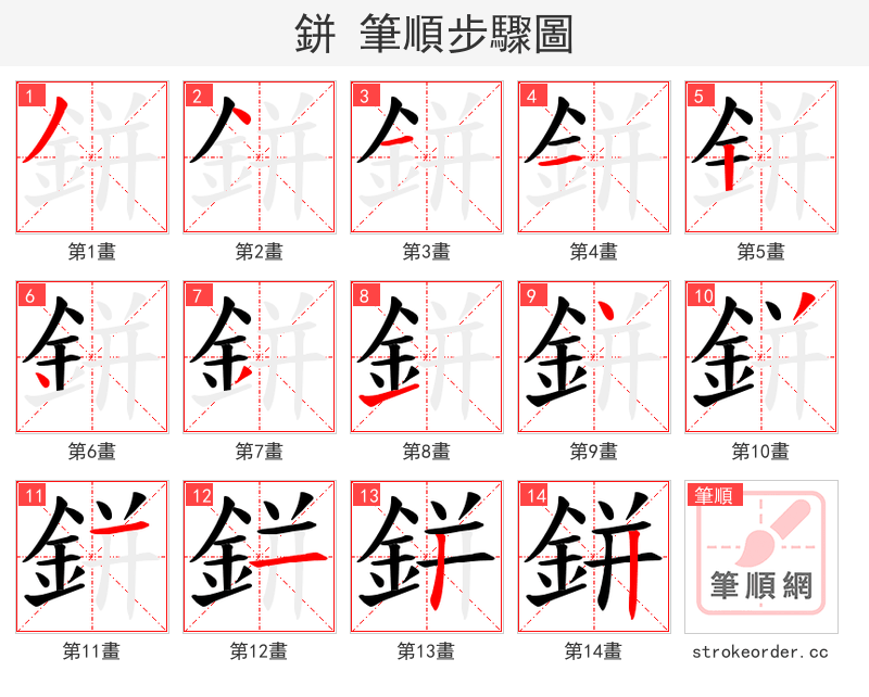 鉼 的笔顺分步演示（一笔一画写字）