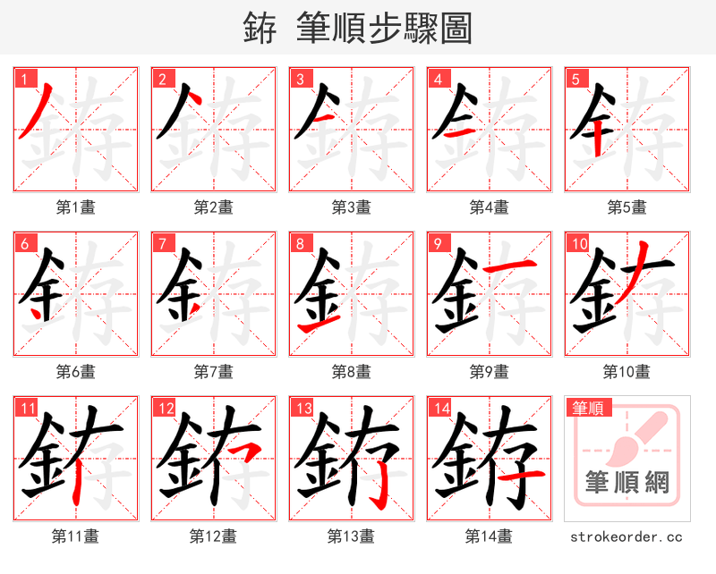 銌 的笔顺分步演示（一笔一画写字）