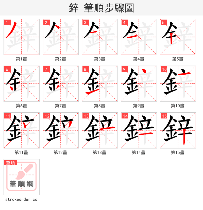 鋅 的笔顺分步演示（一笔一画写字）