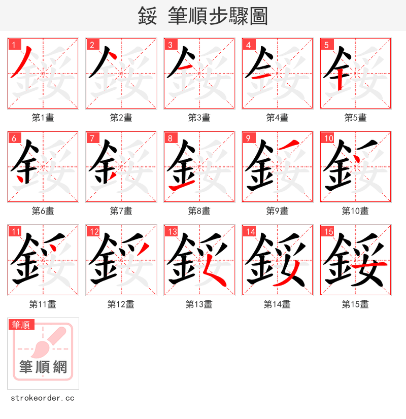 鋖 的笔顺分步演示（一笔一画写字）