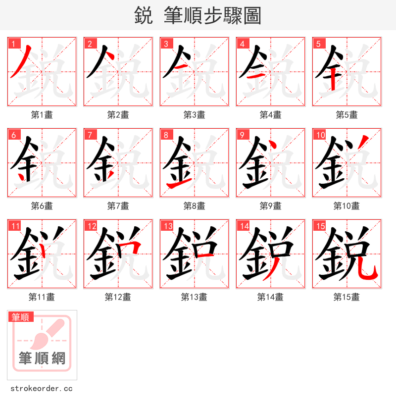 鋭 的笔顺分步演示（一笔一画写字）