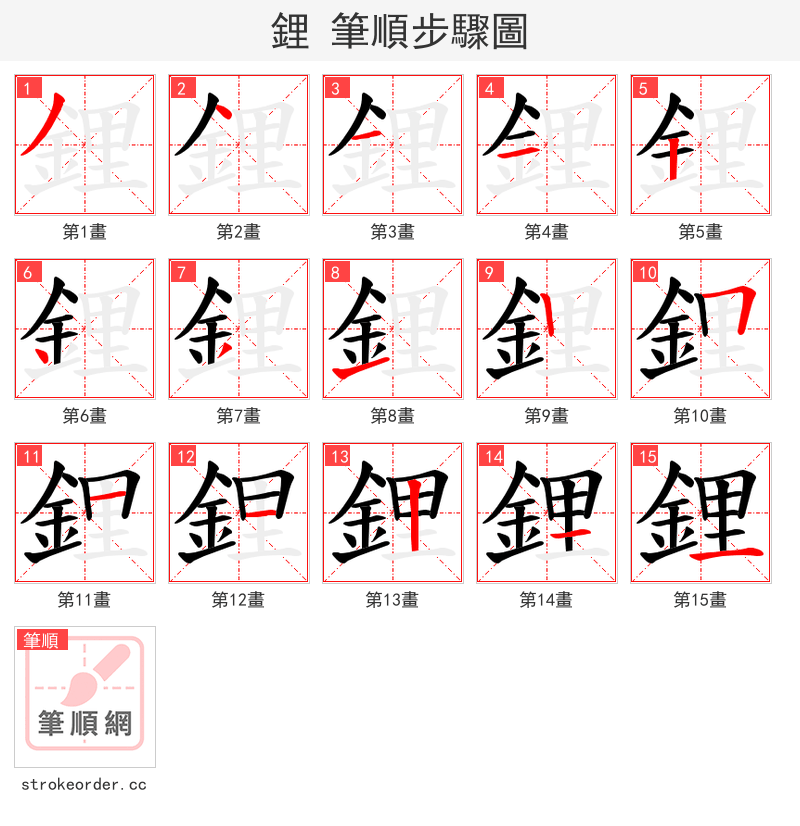 鋰 的笔顺分步演示（一笔一画写字）