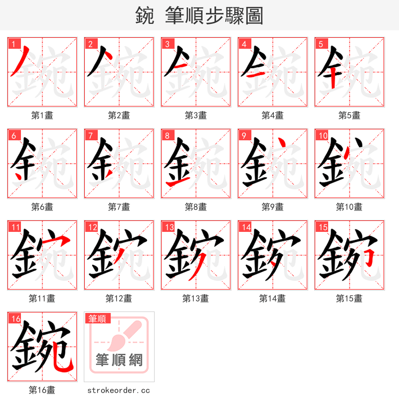 鋺 的笔顺分步演示（一笔一画写字）