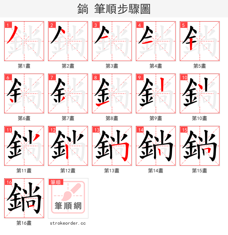 鋿 的笔顺分步演示（一笔一画写字）