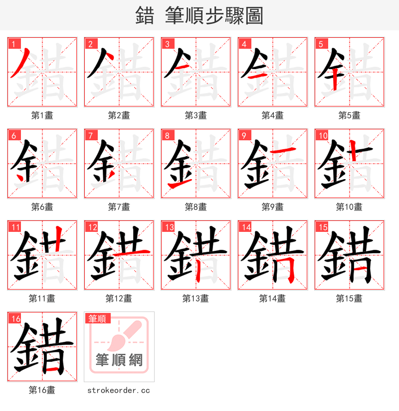 錯 的笔顺分步演示（一笔一画写字）