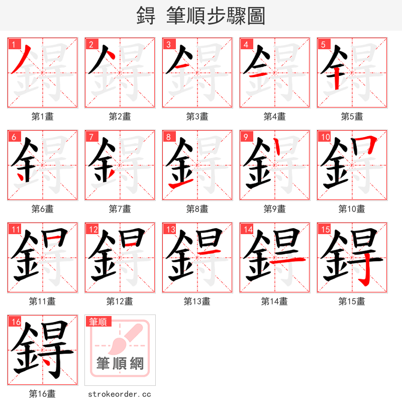 鍀 的笔顺分步演示（一笔一画写字）