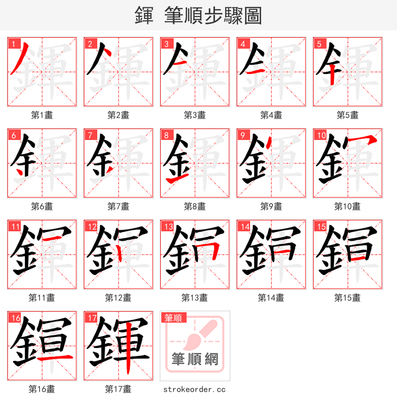 鍕 的笔顺分步演示（一笔一画写字）
