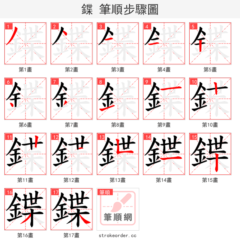鍱 的笔顺分步演示（一笔一画写字）