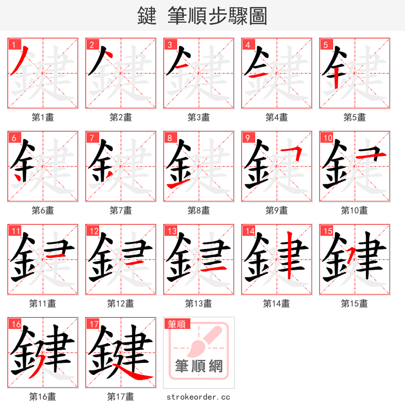 鍵 的笔顺分步演示（一笔一画写字）