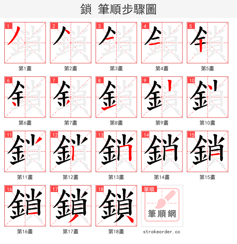 鎖 的笔顺分步演示（一笔一画写字）